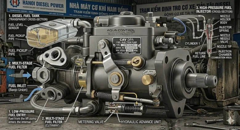 Bơm phun nhiên liệu diesel CAV được lắp đặt trên động cơ diesel hạng nặng, hệ thống phun nhiên liệu được kết nối với kim phun, khoang động cơ xe tải thực tế, môi trường máy móc công nghiệp