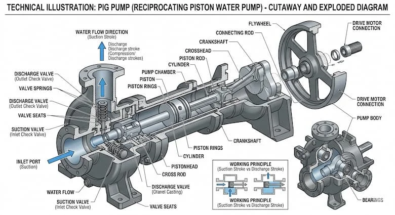 Hình minh họa kỹ thuật mặt cắt của một máy bơm nước kiểu piston, thể hiện các bộ phận bên trong bao gồm piston, xi lanh, van hút, van xả, trục khuỷu, thanh truyền và buồng bơm