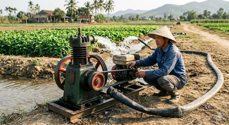 Hình ảnh minh họa kỹ thuật giáo dục thể hiện nguyên lý hoạt động của bơm nước piston, quá trình hút và xả nước, mũi tên chỉ hướng dòng chảy, chuyển động của piston bên trong xi lanh