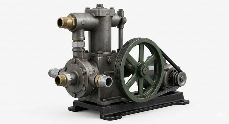 Hình ảnh sản phẩm siêu thực về một máy bơm nước kiểu piston (máy bơm nước dùng trong xây dựng), đầu bơm bằng gang, thiết kế truyền động bằng dây đai, thiết bị bơm nước công nghiệp