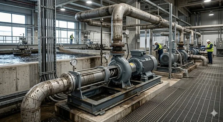 Máy bơm trục vít lắp đặt trong nhà máy xử lý nước thải, bơm bùn qua các đường ống công nghiệp, cơ sở xử lý hiện đại, hình ảnh công nghiệp chân thực, thiết bị kỹ thuật môi trường