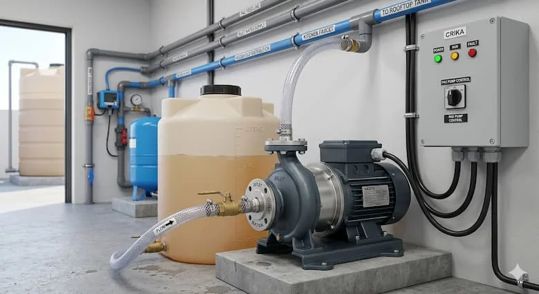 Máy bơm định lượng hóa chất PAC siêu thực được lắp đặt cạnh bồn chứa hóa chất, thiết bị xử lý nước chuyên nghiệp, máy bơm định lượng công nghiệp có bảng điều khiển, ống dẫn hóa chất PVC