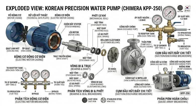 Hình ảnh tháo rời một máy bơm nước Hàn Quốc, thể hiện động cơ điện, cánh quạt, trục, phớt cơ khí, ổ bi, vỏ bơm và các cửa hút/xả, các bộ phận kỹ thuật được dán nhãn
