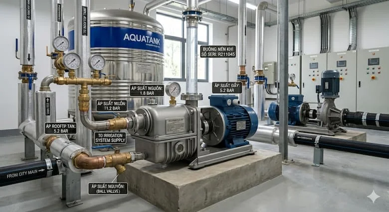 Máy bơm nước Hàn Quốc được lắp đặt trong hệ thống cấp nước tòa nhà hiện đại, bồn chứa nước, đường ống bằng thép không gỉ, đồng hồ đo áp suất, phòng máy sạch