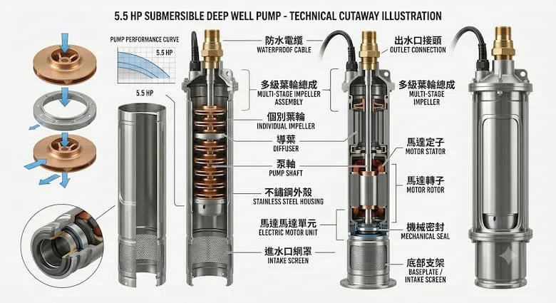 bản vẽ kỹ thuật chi tiết mặt cắt của máy bơm chìm giếng sâu 5,5 HP. Hiển thị và ghi nhãn các bộ phận bên trong bao gồm động cơ điện, cánh quạt nhiều tầng, trục bơm, bộ khuếch tán, vỏ bằng thép không gỉ, lưới lọc đầu vào, đầu nối đầu ra và cáp chống thấm nước.