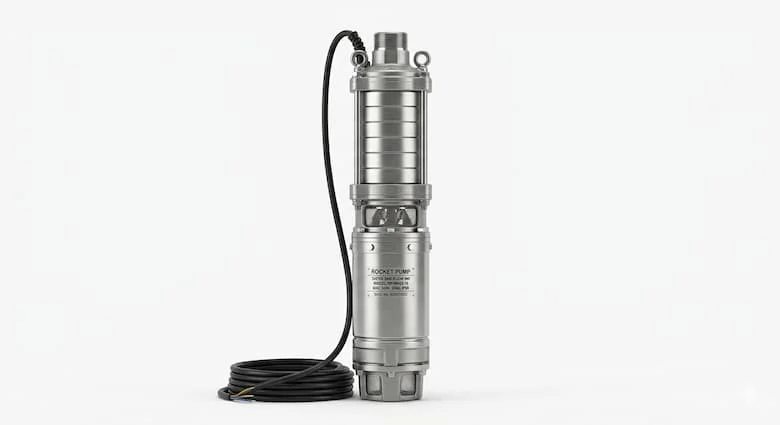 Máy bơm chìm giếng sâu siêu thực (máy bơm tên lửa) đặt thẳng đứng trên nền trắng sạch. Máy bơm nước chìm nhiều tầng bằng thép không gỉ, ảnh sản phẩm công nghiệp, thân kim loại chi tiết cao