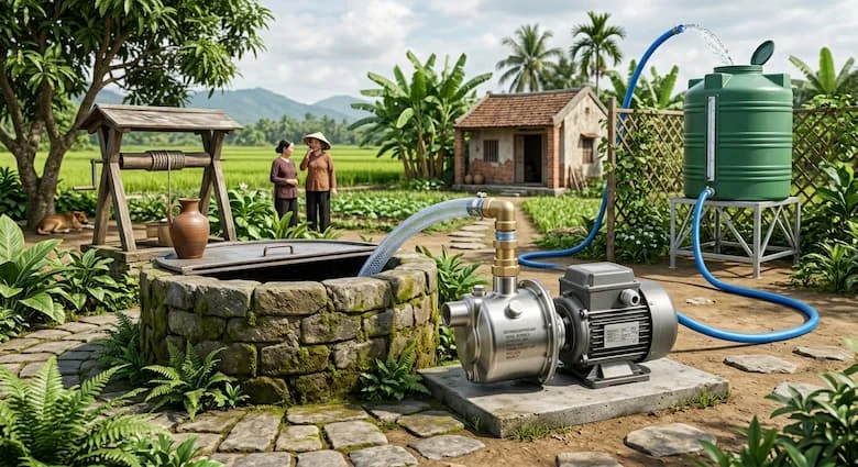 Máy bơm nước tự mồi được lắp đặt bên cạnh giếng nước truyền thống, bơm nước sạch lên bể chứa nước gia đình, khung cảnh nông thôn chân thực