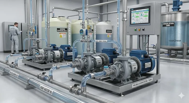 Máy bơm định lượng hóa chất hoạt động trong nhà máy xử lý nước hiện đại, bể chứa hóa chất, dây chuyền định lượng, mạng lưới đường ống công nghiệp, môi trường kỹ thuật sạch sẽ