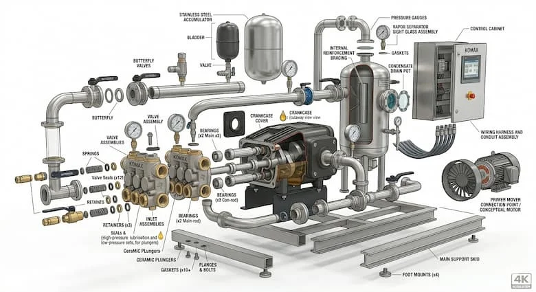 Hình ảnh tháo rời của một máy bơm nước Komax, thể hiện động cơ điện, cánh quạt, vỏ bơm, trục, phớt cơ khí, ổ bi và quạt làm mát, hình minh họa kỹ thuật, các bộ phận được dán nhãn