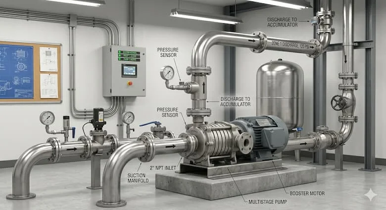 Máy bơm nước nhiều tầng được lắp đặt trong hệ thống cấp nước của một tòa nhà hiện đại, trạm tăng áp, cơ sở hạ tầng chung cư cao tầng, đường ống bằng thép không gỉ