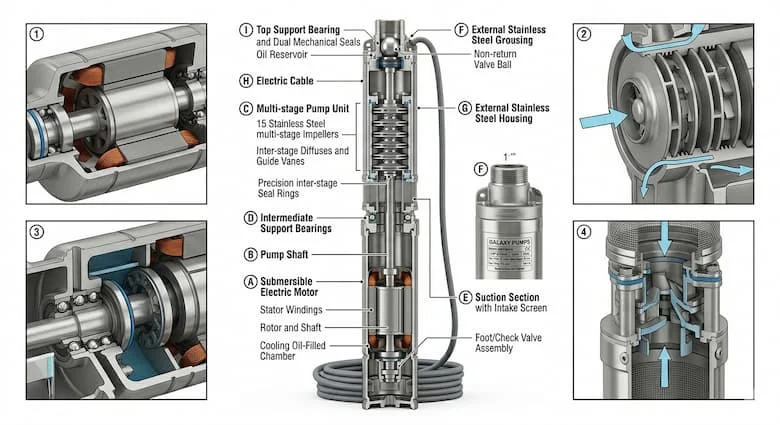 Sơ đồ mặt cắt kỹ thuật của máy bơm chìm giếng sâu Galaxy, thể hiện các bộ phận bên trong bao gồm động cơ điện, cánh quạt nhiều tầng, trục bơm, bộ khuếch tán, ổ bi và các bộ phận cơ khí khác