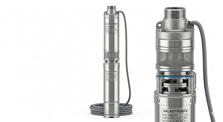 Máy bơm chìm giếng sâu Galaxy siêu thực, đặt thẳng đứng trên nền trắng. Máy bơm nước giếng khoan bằng thép không gỉ với thiết kế công nghiệp cao cấp, vỏ kim loại được đánh bóng