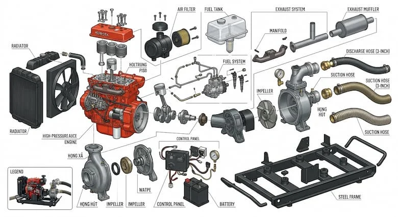 Sơ đồ chi tiết dạng hình chiếu tháo rời của một máy bơm nước diesel Kubota, thể hiện động cơ, cánh quạt, vỏ bơm, bình nhiên liệu, bộ lọc khí, hệ thống xả, cửa hút, cửa xả và khung thép