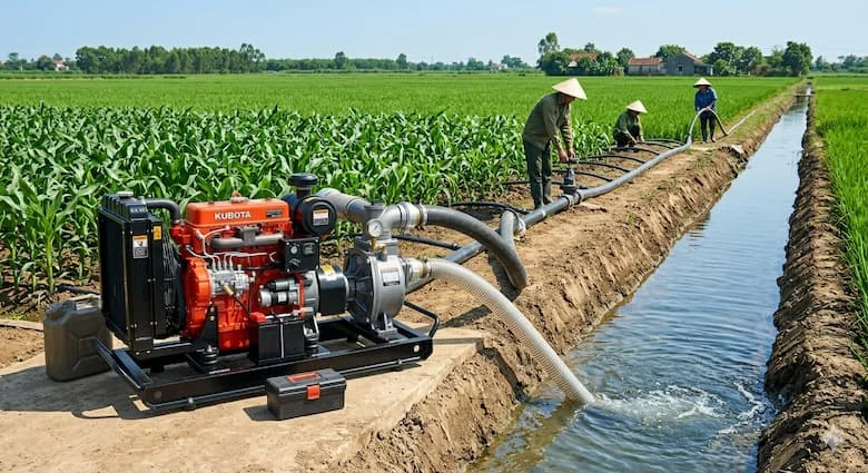Máy bơm nước diesel Kubota đang hoạt động trên một cánh đồng nông nghiệp rộng lớn, bơm nước từ kênh mương lên các đường ống tưới tiêu, cây trồng xanh tươi