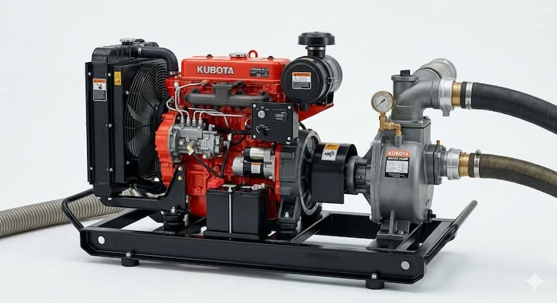 Máy bơm nước diesel Kubota siêu thực trên nền trắng sạch, máy bơm nước công nghiệp được kết nối với động cơ diesel Kubota mạnh mẽ, chi tiết mô tả