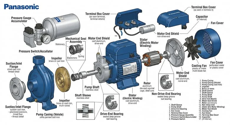 Hình ảnh tháo rời một máy bơm nước Panasonic, thể hiện động cơ điện, cánh quạt, vỏ bơm, trục, phớt cơ khí, ổ bi và quạt làm mát, hình minh họa kỹ thuật