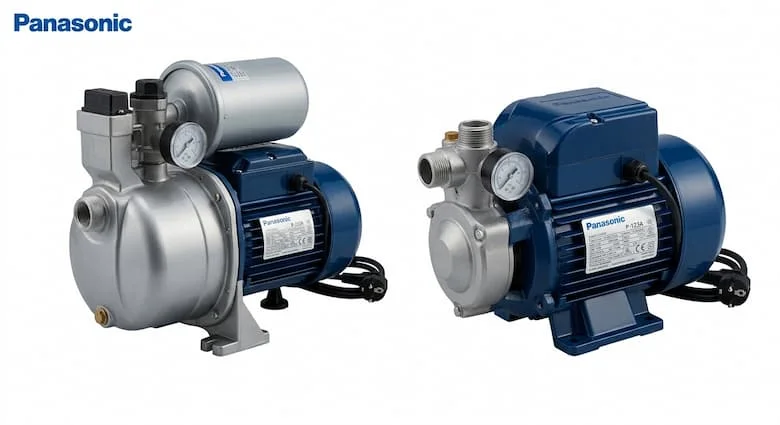 Máy bơm nước Panasonic, máy bơm nước gia dụng cao cấp, máy bơm nước điện hiện đại với vỏ màu xanh và bạc