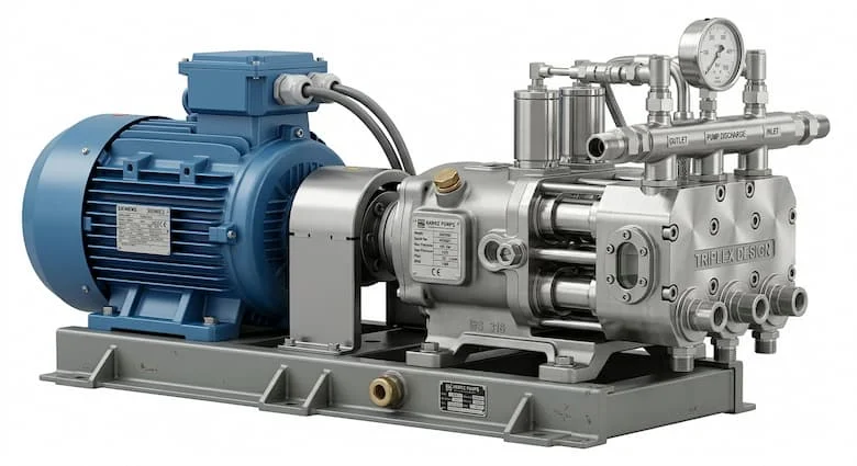 Máy bơm piston cao áp siêu thực tế dành cho ứng dụng công nghiệp. Đầu bơm bằng thép không gỉ chịu lực cao, thiết kế piston ba tầng, dẫn động bằng động cơ điện, thiết bị áp suất công nghiệp, hình ảnh sản phẩm chuyên nghiệp