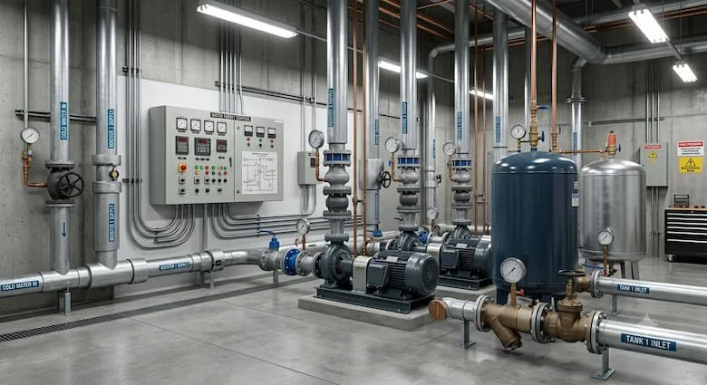 Hệ thống cấp nước tòa nhà hiện đại với máy bơm tăng áp lắp đặt trên đường ống, đồng hồ đo áp suất, bể chứa nước và bảng điều khiển, môi trường kỹ thuật thực tế, hình ảnh công nghiệp chi tiết cao