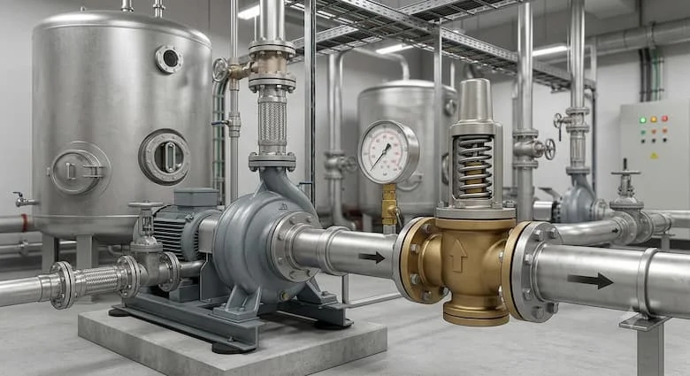 một cảnh công nghiệp thực tế thể hiện van giảm áp được lắp đặt trong hệ thống bơm nước. Van được kết nối với máy bơm ly tâm, đồng hồ đo áp suất, đường ống và bể chứa. Việc lắp đặt được thực hiện gọn gàng và chuyên nghiệp bên trong một phòng máy hiện đại