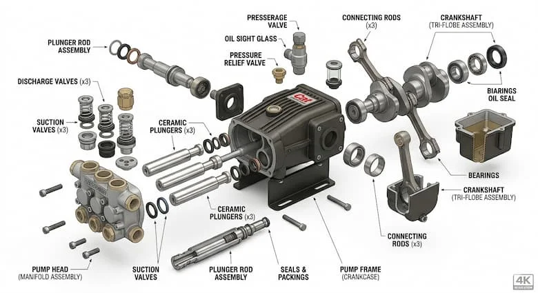 Hình ảnh tháo rời của một máy bơm piston ba xi lanh Cat Pumps, thể hiện đầu bơm, piston gốm, van hút, van xả, trục khuỷu, phớt và bạc đạn, hình minh họa kỹ thuật