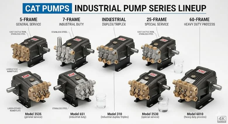 Trưng bày chuyên nghiệp nhiều mẫu bơm cao áp của Cat Pumps, bao gồm bơm piston ba xi lanh, dòng sản phẩm bơm công nghiệp, theo phong cách catalog sản phẩm