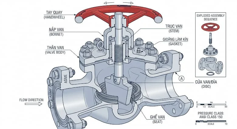 bản vẽ kỹ thuật chuyên nghiệp về cấu trúc van khóa với các bộ phận được dán nhãn rõ ràng: thân van, nắp van, trục van, đĩa van, đế van, gioăng, tay quay. Phong cách bản vẽ kỹ thuật rõ ràng, nền trắng, dành cho kỹ sư công nghiệp