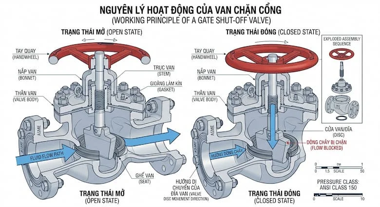 một infographic kỹ thuật minh họa nguyên lý hoạt động của van đóng ngắt. Hiển thị hai trạng thái: MỞ và ĐÓNG. Thể hiện chuyển động của đĩa van và hướng dòng chảy của chất lỏng bằng các mũi tên màu xanh