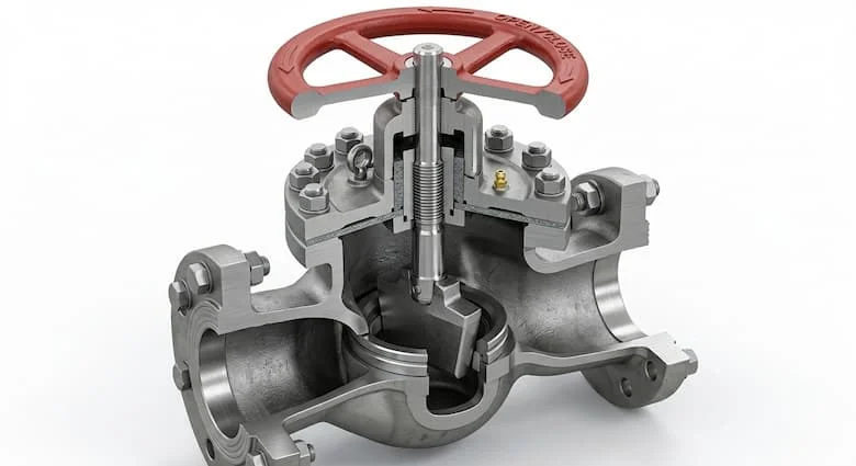 bản vẽ minh họa 3D chi tiết về một van khóa công nghiệp, thể hiện tất cả các bộ phận chính bên trong bao gồm thân van, nắp van, trục van, đĩa van, đế van, gioăng và tay quay. Phong cách kỹ thuật