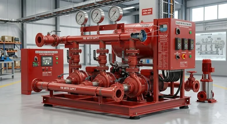 Hệ thống bơm chữa cháy công nghiệp bao gồm bơm điện, bơm dự phòng diesel, bơm phụ, bảng điều khiển và đường ống thép đỏ. Công trình lắp đặt phòng cháy chữa cháy chuyên nghiệp, phòng thiết bị, mô phỏng môi trường thương mại chân thực