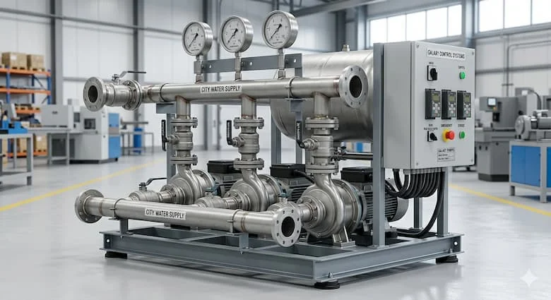 Hệ thống bơm tăng áp nước cực kỳ chân thực với nhiều bơm ly tâm được gắn trên khung đế bằng thép. Bộ bơm nước hoàn chỉnh bao gồm bơm, ống dẫn, đồng hồ đo áp suất, bảng điều khiển