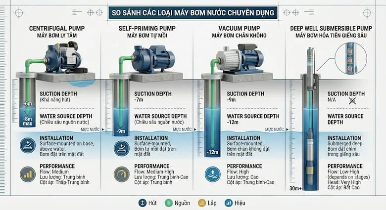 Hình ảnh so sánh minh họa máy bơm ly tâm, bơm tự mồi, bơm chân không và bơm chìm giếng sâu, làm nổi bật khả năng hút sâu, độ sâu nguồn nước, phương pháp lắp đặt và hiệu suất