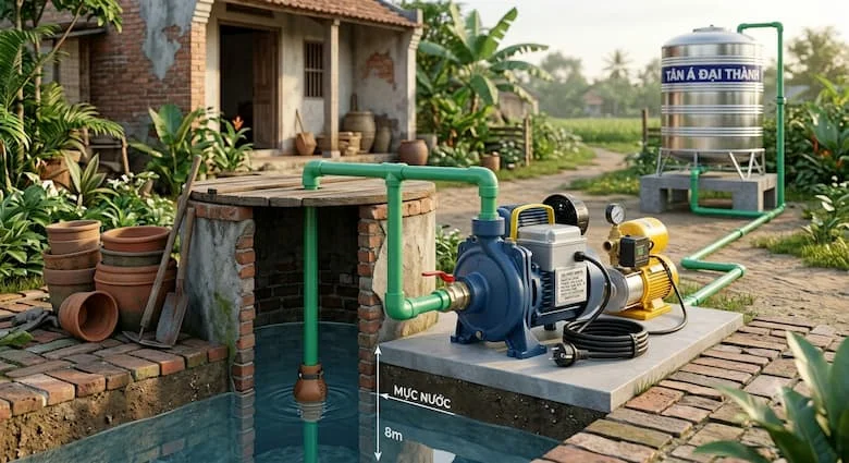 Máy bơm nước gia đình hút nước từ giếng truyền thống, khung cảnh nông thôn chân thực, ống hút nối với nguồn nước ngầm, bồn chứa nước ở phía sau, ảnh chụp thương mại chuyên nghiệp