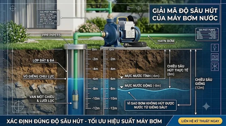 Máy bơm nước hiện đại được lắp đặt bên cạnh giếng nước sâu, mặt cắt ngang dưới lòng đất trong suốt hiển thị mực nước, ống hút và các phép đo độ sâu