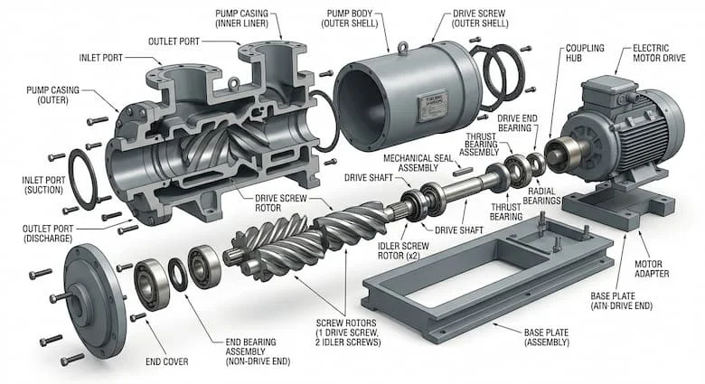 Hình ảnh tháo rời của một bơm trục vít nhiên liệu dầu, thể hiện các bộ phận như rôto trục vít, trục truyền động, ổ bi, phớt cơ khí, vỏ bơm, cửa hút và cửa xả, các bộ phận được dán nhãn kỹ thuật