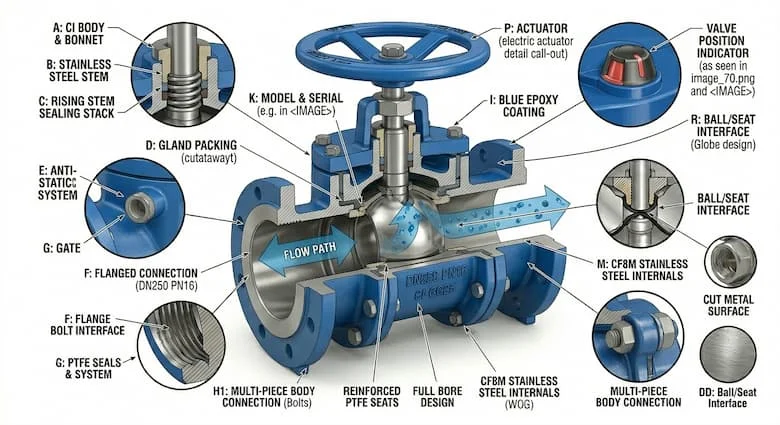 ảnh sản phẩm chuyên nghiệp cho van cổng KSB, với thân bằng gang, kết nối mặt bích, vận hành bằng tay quay, thiết kế van công nghiệp, lớp phủ epoxy màu xanh lam, theo phong cách catalog kỹ thuật chất lượng cao