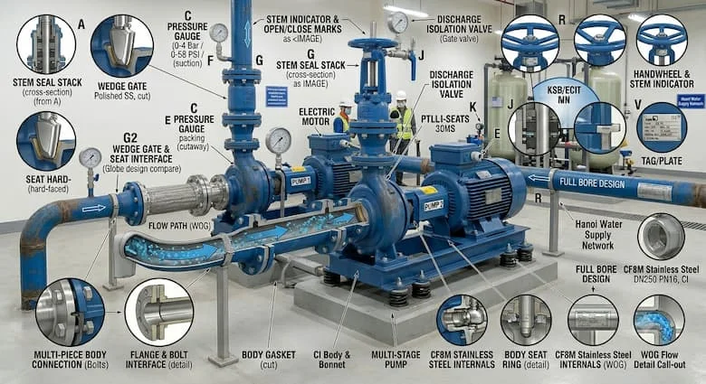 một hệ thống phân phối nước công nghiệp thực tế với các van cổng KSB được lắp đặt trên các đường ống lớn. Thể hiện hoạt động của máy bơm, đồng hồ đo áp suất, ống nối mặt bích, thiết bị xử lý nước và trạm van.