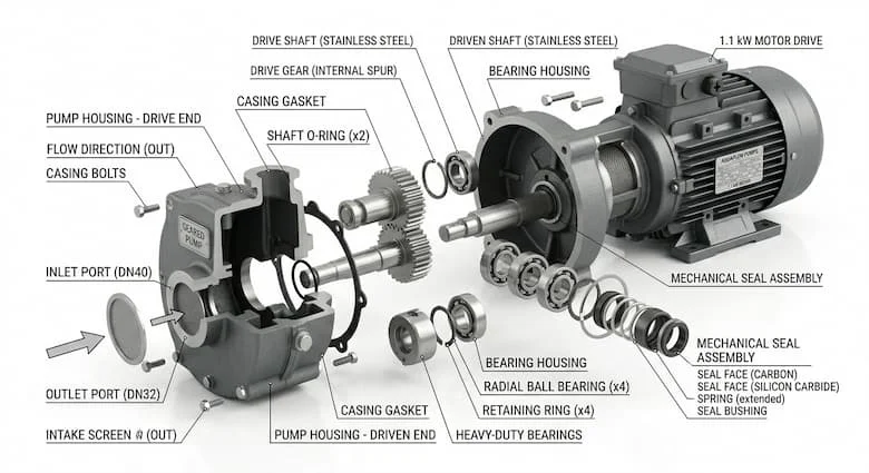 Hình ảnh tháo rời của một máy bơm bánh răng công nghiệp, thể hiện bánh răng dẫn động, bánh răng bị dẫn động, trục, ổ bi, phớt cơ khí, vỏ bơm, cửa hút và cửa xả