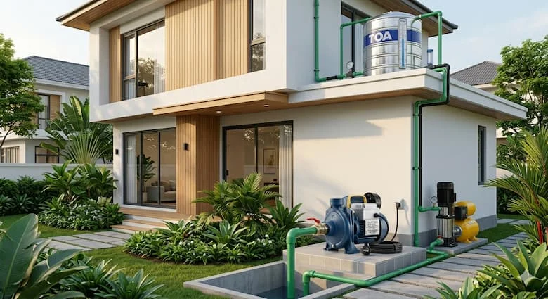 Máy bơm nước dân dụng 370W cung cấp nước cho một ngôi nhà hai tầng hiện đại, bồn chứa nước trên mái nhà, hệ thống đường ống sạch sẽ, môi trường nhà ở chân thực