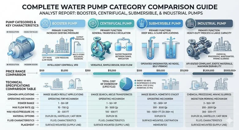 Infographic chuyên nghiệp so sánh các loại bơm nước khác nhau: bơm tăng áp, bơm ly tâm, bơm chìm và bơm công nghiệp, so sánh phạm vi giá, bảng thông số kỹ thuật, thiết kế hiện đại, nền trắng