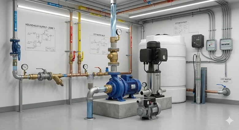 Máy bơm nước dân dụng hiện đại được lắp đặt để cấp nước sinh hoạt, bồn chứa nước, hệ thống đường ống, phòng tiện ích sạch sẽ, mô phỏng lắp đặt kỹ thuật thực tế