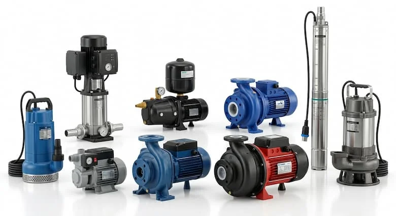 Bộ sưu tập cực kỳ chân thực các loại máy bơm nước hiện đại dành cho dân dụng và công nghiệp, bao gồm máy bơm ly tâm, máy bơm tăng áp, máy bơm chìm và máy bơm giếng sâu, được trưng bày một cách chuyên nghiệp