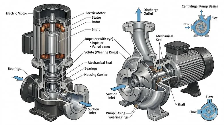 Sơ đồ mặt cắt kỹ thuật của một máy bơm nước ly tâm Grundfos, thể hiện các bộ phận bên trong bao gồm động cơ điện, cánh quạt, vỏ bơm, trục, phớt cơ khí, ổ bi, cửa hút và cửa xả