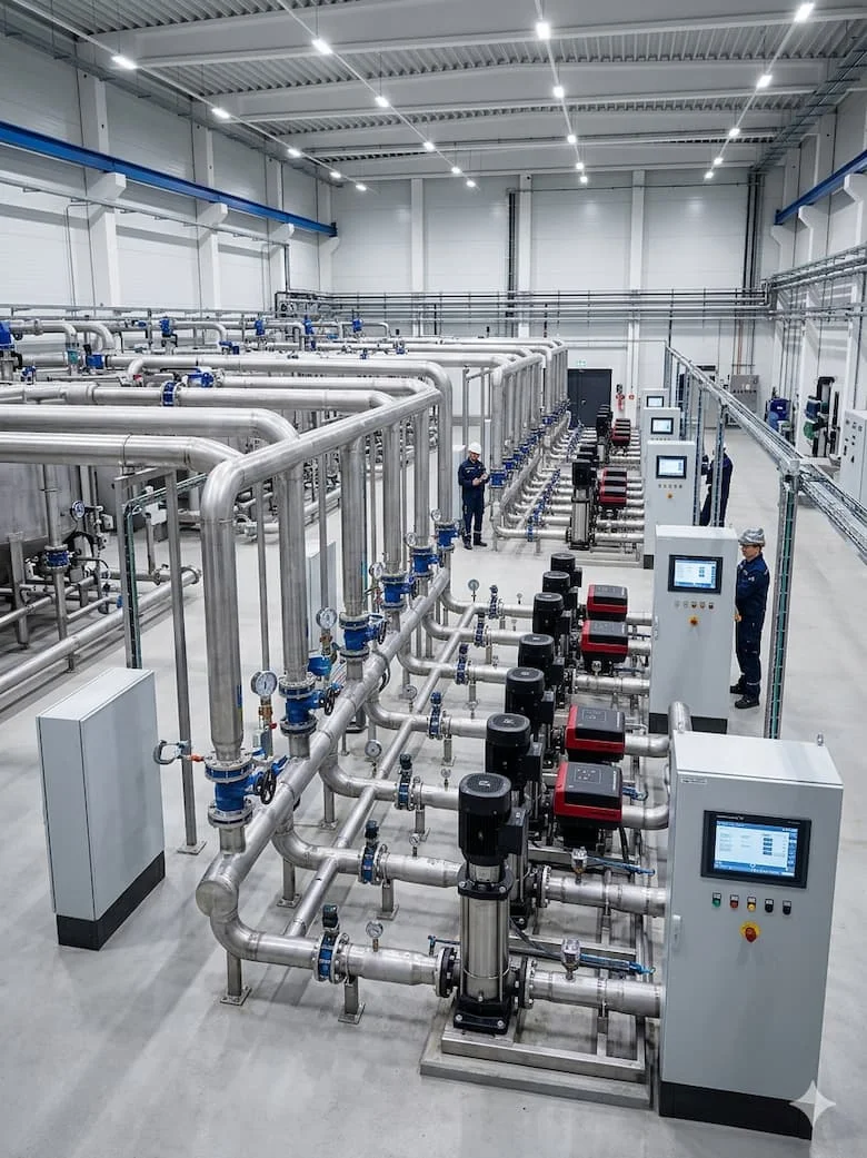 Nhà máy xử lý nước công nghiệp quy mô lớn sử dụng nhiều máy bơm Grundfos. Hệ thống đường ống bằng thép không gỉ, bảng điều khiển, thiết bị tuần hoàn nước công nghiệp, nhà máy hiện đại