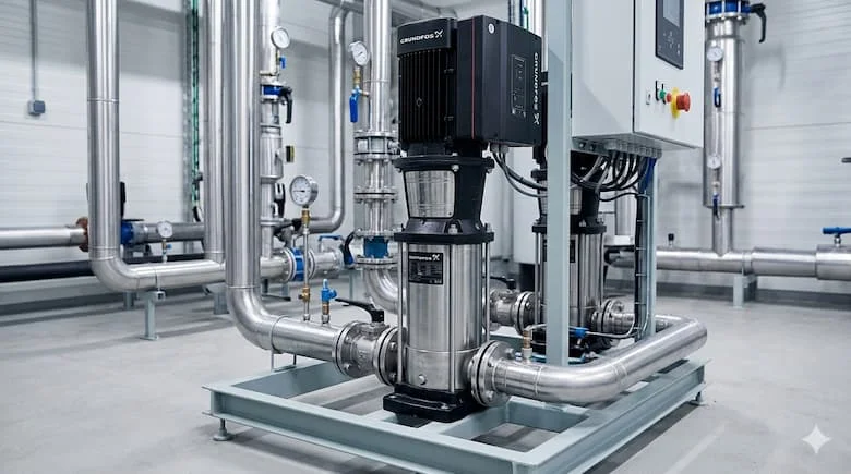 Mô hình bơm nước Grundfos siêu thực được lắp đặt trong hệ thống cấp nước hiện đại. Thân bơm bằng thép không gỉ, môi trường công nghiệp chuyên nghiệp, thiết lập kỹ thuật sạch sẽ, ảnh sản phẩm chất lượng cao