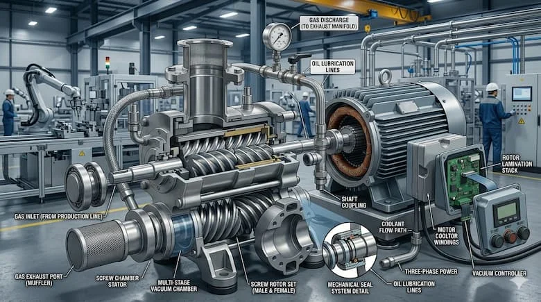 Máy bơm chân không hiệu suất cao được lắp đặt trong một nhà máy sản xuất hiện đại, hệ thống chân không công nghiệp được kết nối với máy móc sản xuất, đường ống bằng thép không gỉ