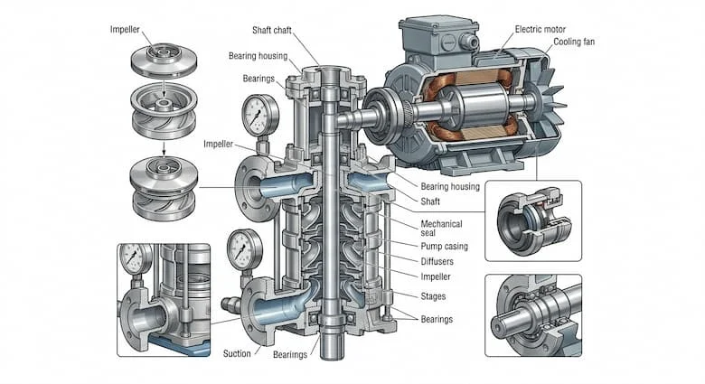 Hình ảnh kỹ thuật cắt ngang của một máy bơm HPP, thể hiện các bộ phận bên trong bao gồm cánh quạt, trục, phớt cơ khí, ổ bi, vỏ bơm và động cơ điện, sơ đồ kỹ thuật tháo rời