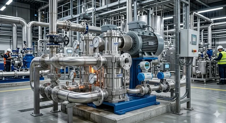 Máy bơm công nghiệp HPP hoạt động trong hệ thống cấp nước nhà máy hiện đại, đường ống bằng thép không gỉ, thiết bị điều khiển áp suất, môi trường công nghiệp