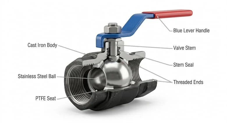 hình minh họa 3D cắt ngang thực tế của một van bi ống sắt, thể hiện các bộ phận bên trong. Hiển thị rõ ràng thân van bằng gang, bi bằng thép không gỉ, gioăng PTFE, trục van, vòng đệm trục, đầu ren và tay cầm cần gạt màu xanh lam