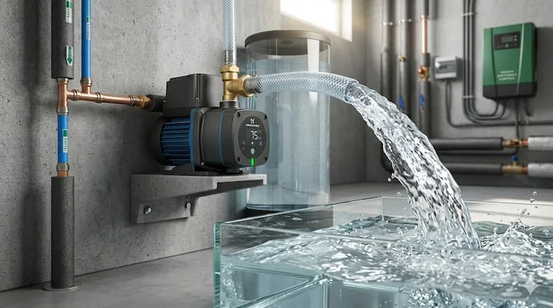 Máy bơm nước hiện đại được lắp đặt trong hệ thống cấp nước dân dụng, lưu lượng nước mạnh mẽ, tiết kiệm năng lượng, môi trường kỹ thuật chuyên nghiệp
